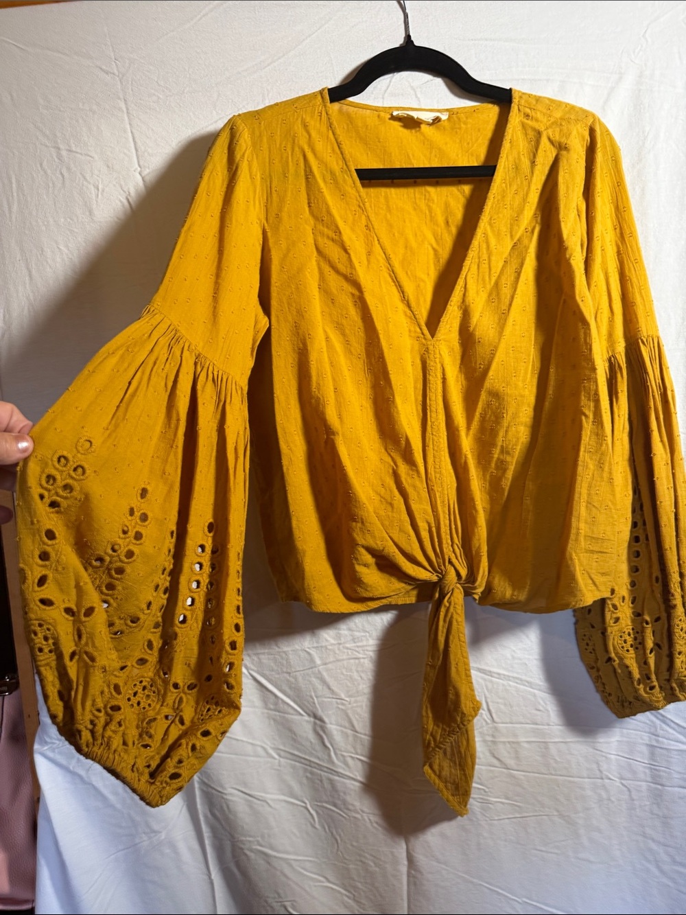 Love Stitch Mustard Eyelet Tie-Front Boho Blouse oversized sized puff sleeves